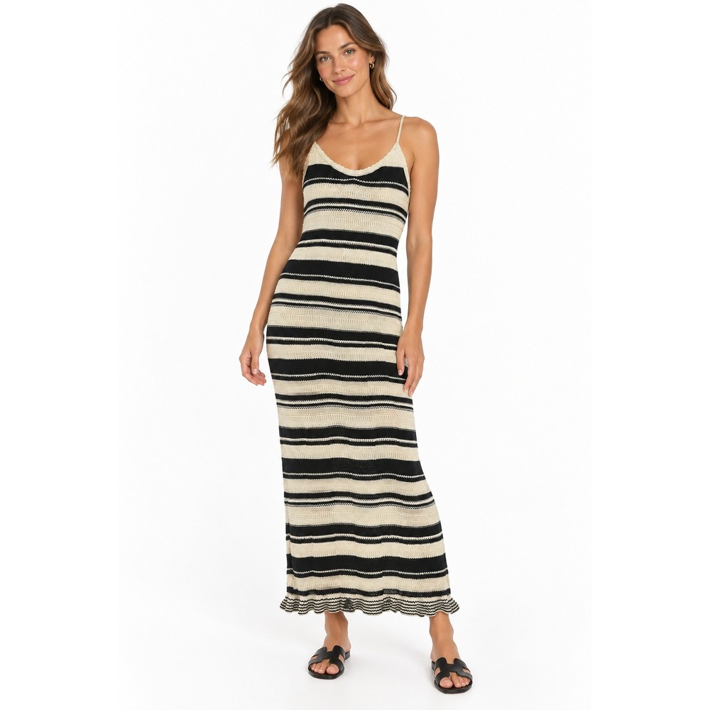 Striped Knit Maxi Dress L Black Cream Spaghetti Strap Coastal Resort Boho Summer